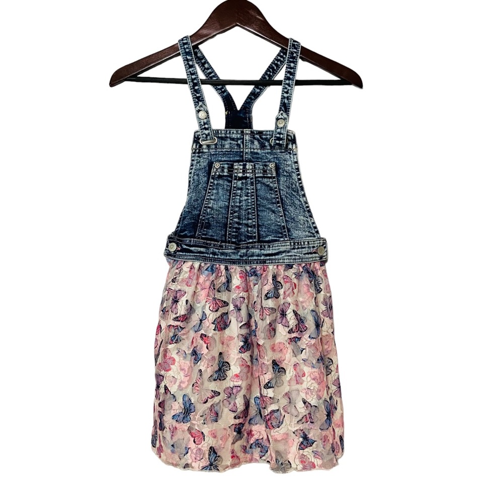 Jordache Bib Overall Butterfly Acid Wash Jean Denim Dress Blue